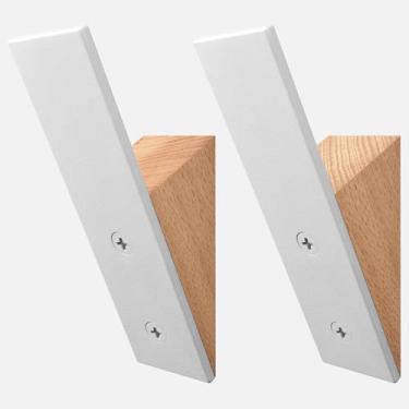 Imagem de Homeforia Cabide de parede moderno de madeira de faia e metal branco de meados do século - Conjunto de 2 - Ganchos resistentes para pendurar casacos, chapéus, toalhas e mais