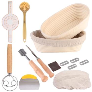 Imagem de Conjunto de cesta premium de 25,4 cm à prova de pão banneton – dois tecidos de vime indonésio com, batedeira de massa, kit inicial de massa fermentada e tapete para assar – perfeito para pães caseiros