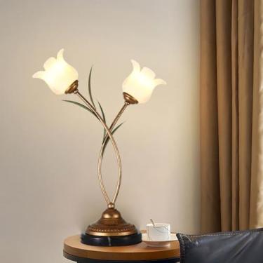 Imagem de Luminária de mesa LED contemporânea em formato de flor, estilo campestre francês, criativa, para sala de estar, quarto, escritório, casa de campo, hotel, luminária de cabeceira (F 2 lâmpadas