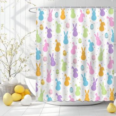 Imagem de Mocsicka Cortina de chuveiro coelhinho da páscoa coelho fofo ovos de páscoa cortina de chuveiro de tecido impermeável para banheiro decoração de banheira com 12 ganchos 182 x 182 centímetros