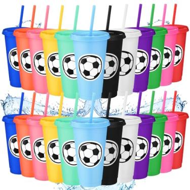 Imagem de Domensi 24 peças de copos de plástico esportivos de futebol com tampa e canudo 680 g copos de plástico reutilizáveis copos de café presente para fã amigo convidado aniversário escritório esporte festa