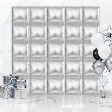 Imagem de 25 balões quadrados prateados, fundo de parede de balões quadrados metálicos, balões de Mylar de dupla face, kit de arco de túnel para decoração de aniversário de casamento, aniversário, chá de bebê