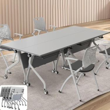Imagem de Mesa de conferência, dobrável, para sala de conferências, branca, moderna, móvel, mesa de treinamento com rodas, mesas de reunião de seminário dobráveis para escritório, sala de aula (4 peças, 140 cm)