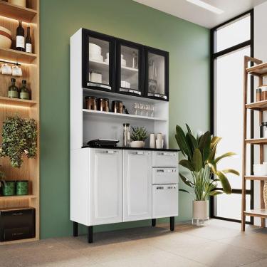 Imagem de Kit Cozinha Compacta Pratika 1 Porta 1 Gaveta em Aço 105cm Branco e Preto com Tampo Granito Ônix