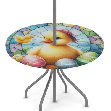 Imagem de hongjinglin Toalha de mesa de Páscoa para uso ao ar livre com orifício para guarda-chuva, toalha de mesa redonda elástica com zíper, impermeável, limpável, para piquenique, festa, pátio, serve para