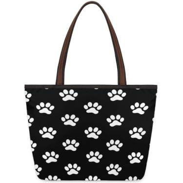 Imagem de Sacola grande feminina com estampa de pata, fofa, preta, para trabalho, com zíper, reutilizável, bolsa de mão, casual, para viagem, trabalho, férias, praia, compras, academia, presentes