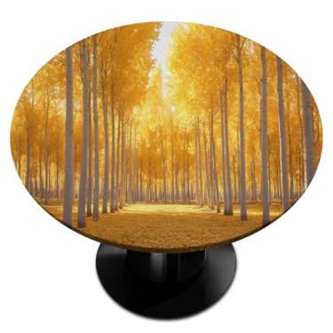 Imagem de hongjinglin Toalha de mesa redonda com borda elástica dourada floresta de outono toalha de mesa redonda limpa para decoração de cozinha de 114 a 127 cm
