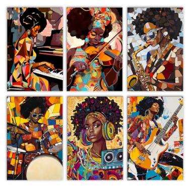 Imagem de Pacote com 6 kits de pintura a óleo para mulheres sul-africanas por números para adultos iniciantes músicos pretos em tela com pincéis, pintura acrílica, faça você mesmo, decoração de casa, presentes