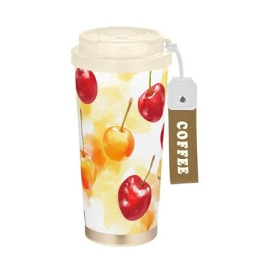 Imagem de SEHANY Caneca de viagem de cereja fofa de 482 g Copos de café reutilizáveis revestidos de cerâmica com tampa à prova de vazamento, parede dupla, isolamento a vácuo, copo de café de aço inoxidável para