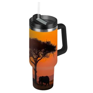 Imagem de Blueangle Copo para família de elefante de 1,134 g com alça e tampa de palha, caneca de viagem de aço inoxidável isolada a vácuo de parede dupla, garrafa de água reutilizável para academia de