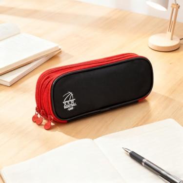 Imagem de Estojo de lápis de grande capacidade, bolsa de armazenamento de lona de nylon impermeável de 3 camadas, bolsa de caneta Simplicity com zíper (vermelho)