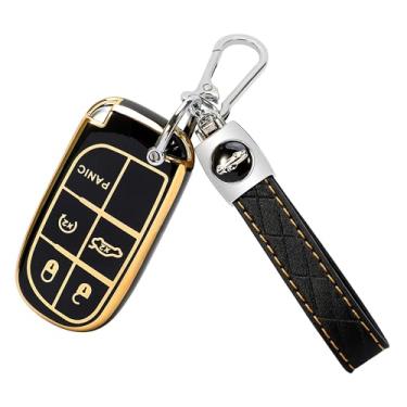 Imagem de TOMALL Capa para Jeep Key Fob com chaveiro, protetor de chave de TPU macio com 5 botões compatível com Jeep Compass Grand Cherokee Renegade Dodge Charger Challenger Dart Durango Journey, preto