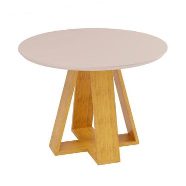 Imagem de Mesa De Jantar Redonda 4 Lugares Tampo Chanfrado 103,5cm Com Vidro Kiara Cedro/off White - Dj Móveis