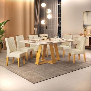 Imagem de Conjunto Sala De Jantar Com 6 Cadeiras Tampo Curvo 160cm Kiara Cedro/off White Lídia Linho Neve - Dj Móveis