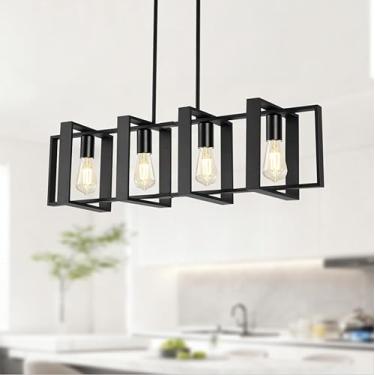 Imagem de Luminárias da sala de jantar, Luminárias da cozinha de 4 luzes Teto, Altura ajustável Luminárias pendentes Ilha da cozinha, Luz linear preta da cozinha