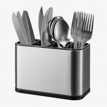 Imagem de Escorredor Porta Talheres Aço Inox 4 Divisórias com Sistema de Drenagem Design Moderno Organizador de Utensílios de Cozinha Pia Compacto