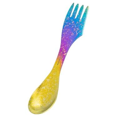 Imagem de iBasingo Faca de garfo portátil de titânio para acampamento, colher, garfo, ultraleve, 3 em 1, utensílio multifuncional durável para piquenique ao ar livre, mochila, viagem, Ti1064T (colorido)