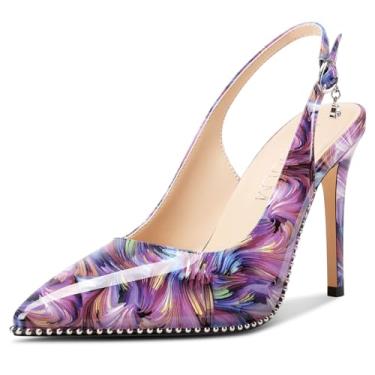 Imagem de HDEUOLM Sapato feminino stiletto salto alto bico fino com contas vestido de formatura sem cadarço 3,9 polegadas salto, Vórtice roxo, 40