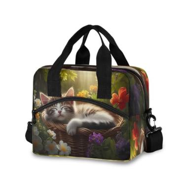 Imagem de STAYTOP Lancheira isolada para mulheres e homens, lancheira à prova de vazamento, lancheira com alça de ombro ajustável para piquenique, trabalho, escola, gato fofo na cesta de flores
