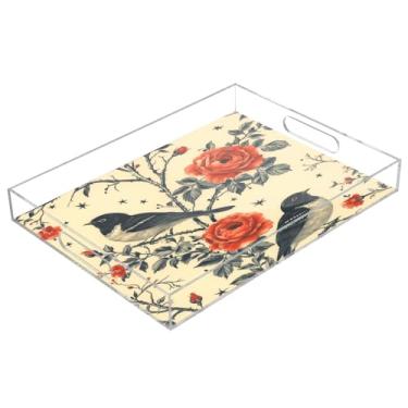 Imagem de STAYTOP Bandeja de acrílico para servir de pássaro fofo no ramo de flores, 15,7 x 11,20 cm, bandejas decorativas à prova de derramamento, organizador de bancada para café da manhã, chá, comida