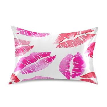 Imagem de xigua Fronha de cetim de batom vermelho para cabelo e pele lavável na máquina almofada de cetim antiderrapante para cama padrão com fecho de envelope, 50,8 cm x 66 cm