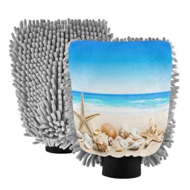 Imagem de STAYTOP Luvas de lavagem de carro estrela-do-mar e conchas de praia, 2 peças, luvas de microfibra de chenille, sem arranhões, panos de esponja de lavagem ultra absorventes para carros, limpeza
