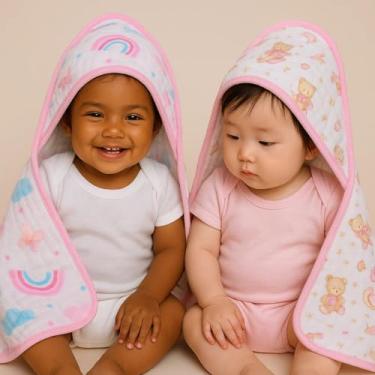 Imagem de Kit 2 Toalhas de Banho Bebê Enxoval Fralda Soft com Capuz 100% Algodão Menino Menina (Menina Sortido)