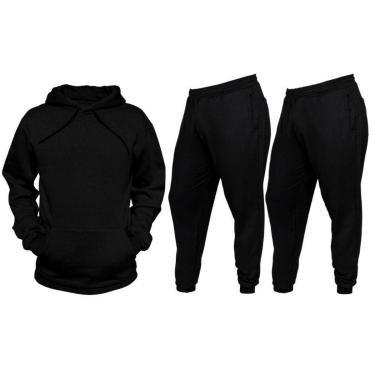 Imagem de Conjunto De Moletom Blusa de Frio Abrigo Canguru Com Capuz Colorida e 2 Calças Lisas Preta-Masculino