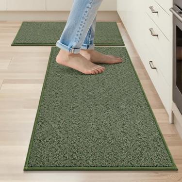 Imagem de COSY HOMEER - Tapetes e tapetes de cozinha, 2 peças, tapetes de cozinha antiderrapantes, laváveis e resistentes a manchas, conjuntos de tapetes absorventes de cozinha 51 x 81 cm + 51 x 122 cm, verde