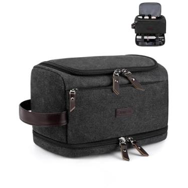 Imagem de ZOMFELT Bolsa de higiene para homens, bolsa de artigos de higiene pessoal de viagem de lona de camada dupla, organizador de viagem resistente à água com elástico, kit Dopp de grande capacidade, bolsa