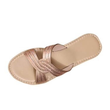 Imagem de Sandálias femininas elegantes casuais enfeitadas com strass boca de peixe bico aberto respirável leve para primavera, verão, praia, estilo romano, lazer ao ar livre, Ouro rosa, 35
