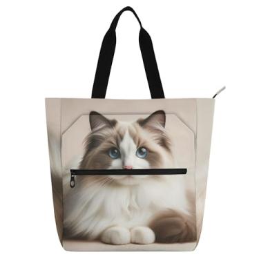 Imagem de Ragdoll Cat Cute Kitten Work Tote Bag for Women Canvas Beach Book Tote com zíper bolsas fofas para amantes de livros presentes