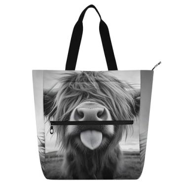 Imagem de Linda sacola monocromática de vaca Highland para mulheres, trabalho, lona, faculdade, escola, bolsas de tecido, bolsas de tecido, presente para amantes de livros