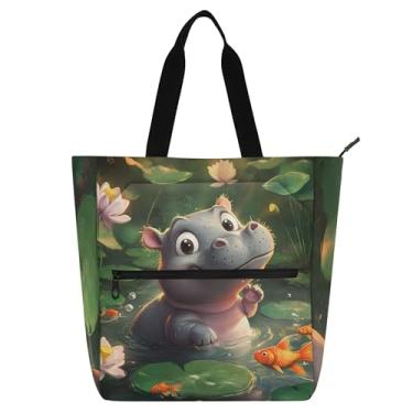 Imagem de GAIGEO Linda bolsa de trabalho feminina de desenho animado hipopótamo, bolsa escolar de lona, bolsa de professores com compartimentos