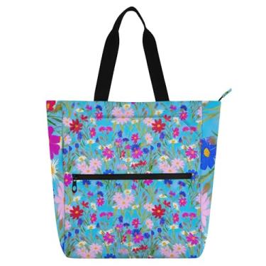 Imagem de GAIGEO Sacola feminina de trabalho com flores coloridas, lona, praia, livro, com zíper, bolsa feminina infantil com compartimentos