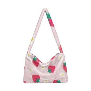 Imagem de Bolsa de ombro retrô azul branca vermelha náutica de pelúcia nas axilas, bolsa de ombro média, bolsas de livro para mulheres, Flores de morango, One Size