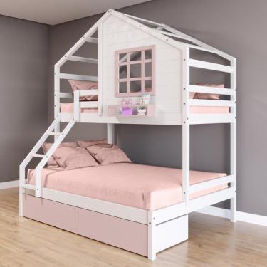 Imagem de Beliche Casinha Com Janela Casal/solteiro 02 Gavetas Rosa Madeira Maciça Branco/ Rosa Housin