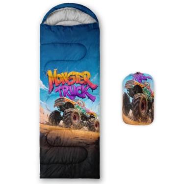 Imagem de AILONEN Saco de dormir Monster Truck 3D para meninos, clima quente e frio, leve, mochila impermeável, caminhonete com tema de deserto, saco de dormir para acampamento