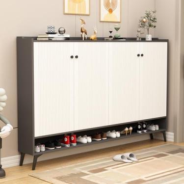 Imagem de LOERSS Organizador de sapateira, armário de sapatos com portas, armário de sapatos de madeira para entrada, armário de armazenamento moderno, para corredor, entrada, sala de estar, banheiro (cinza