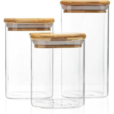 Imagem de Kit Pote Hermético Vidro Tampa de Bambu Quadrado Porta Mantimentos 3 Peças Resistente