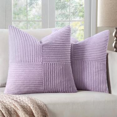 Imagem de MIULEE Capas de almofada de veludo cotelê roxo pacote com 2 capas de almofada decorativas Boho emendadas macias fronhas de sofá cruzadas patchwork texturizadas lavanda capas de almofada para sala de