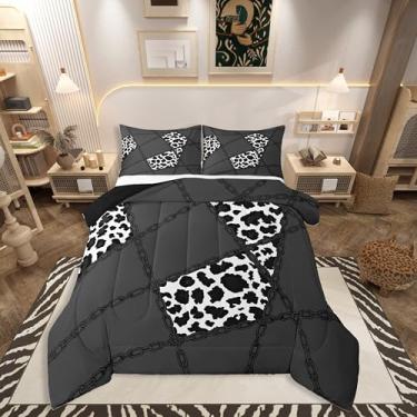 Imagem de jejeloiu Conjunto de edredom de leopardo preto para todas as estações, estampa de animais de guepardo, com 2 fronhas, corrente de ferro, microfibra e Queen para decoração de quarto, edredom respirável