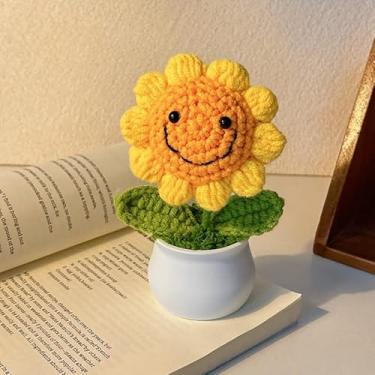 Imagem de Flor de crochê feita à mão em vaso branco, material de fio textura decorativa planta, decoração de mesa, decoração de casa, girassol