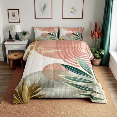 Imagem de Erosebridal Conjunto de cama boêmio de meados do século, Queen, abstrato, retrô, minimalista, para meninas e mulheres, boêmio moderno, conjunto de edredom geométrico simples, rosa e verde
