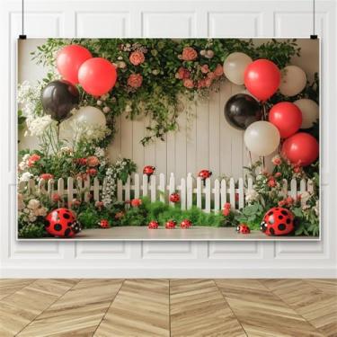 Imagem de Renaiss 2,1 x 1,5 m, pano de fundo de joaninha, flores rosas, balões vermelhos e pretos, fundo fotográfico, joaninha, tema de joaninha, chá de bebê, meninas, decoração de festa de aniversário
