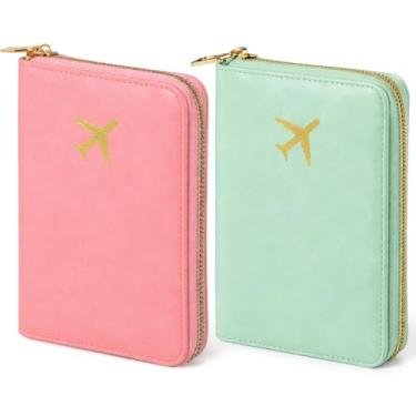 Imagem de SilTriangle 2 capas de couro para passaporte, carteira de viagem à prova d'água com bloqueio de RFID, possui um emblema de aeronave dourado em relevo para passaporte para mulheres e homens, Rosa claro