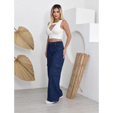 Imagem de calça feminina wide leg cargo jeans a sarja polso da perna - Kf, Azul 