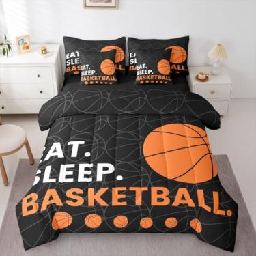 Imagem de Erosebridal Conjunto de edredom com tema de jogos de basquete para meninos, tamanho queen, 7 peças | Conjunto de cama em uma bolsa com estampa de jogos, preto e cinza