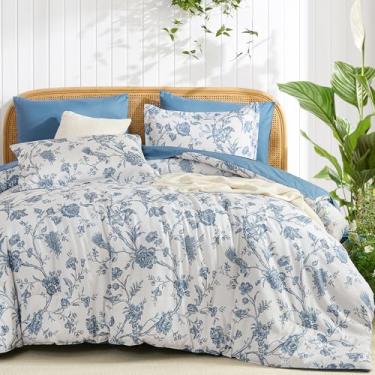 Imagem de Luxudecor Conjunto de edredom floral, tamanho king, 7 peças, flor azul com cama de pássaro em uma bolsa, edredom macio reversível com jogo de cama 264 x 228 cm