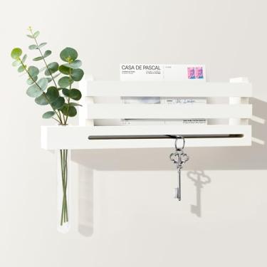 Imagem de AELS Porta-chaves branco cremoso montado na parede com vaso de acrílico e organizador de correio, porta-chaves de entrada de madeira com vaso de tubo de teste de 15 cm, gancho decorativo para chaves e